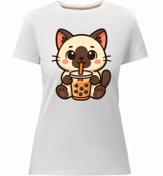 Жіноча преміум футболка Boba tea cat Білий фото