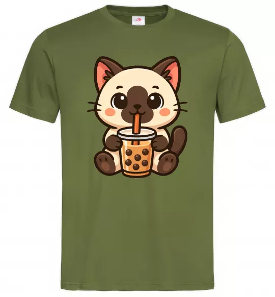 Мужская футболка Boba tea cat Оливковый фото
