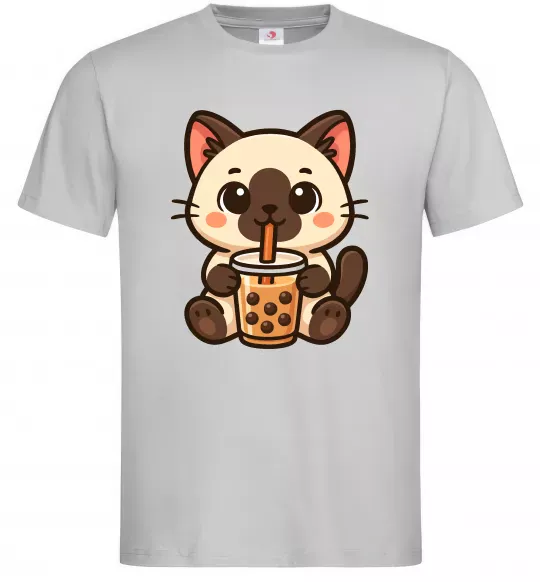 Мужская футболка Boba tea cat Серый фото