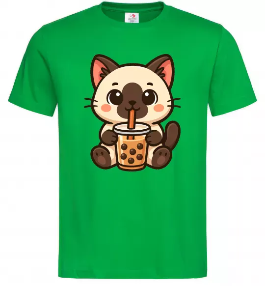 Мужская футболка Boba tea cat Зеленый фото
