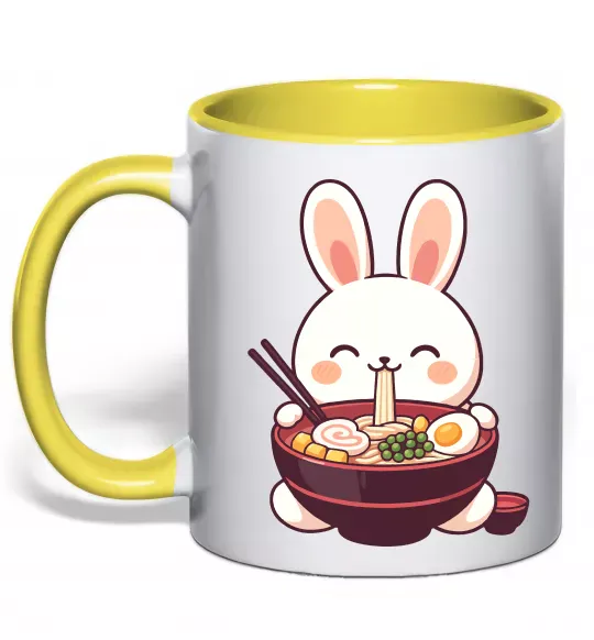 Чашка з кольоровою ручкою Зайчик їсть рамен Сонячно жовтий фото