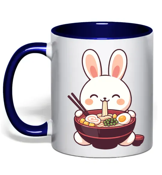 Чашка з кольоровою ручкою Зайчик їсть рамен Глибокий темно-синій фото