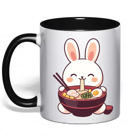 Чашка з кольоровою ручкою Зайчик їсть рамен Чорний фото