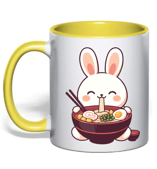 Чашка з кольоровою ручкою Зайчик їсть рамен Лимонний фото