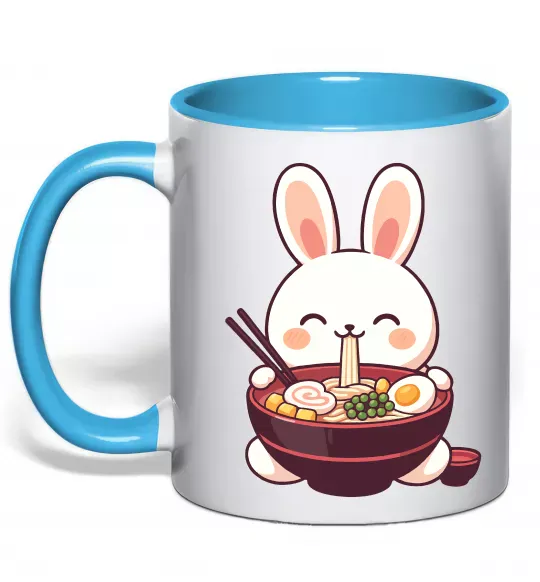 Чашка з кольоровою ручкою Зайчик їсть рамен Блакитний фото