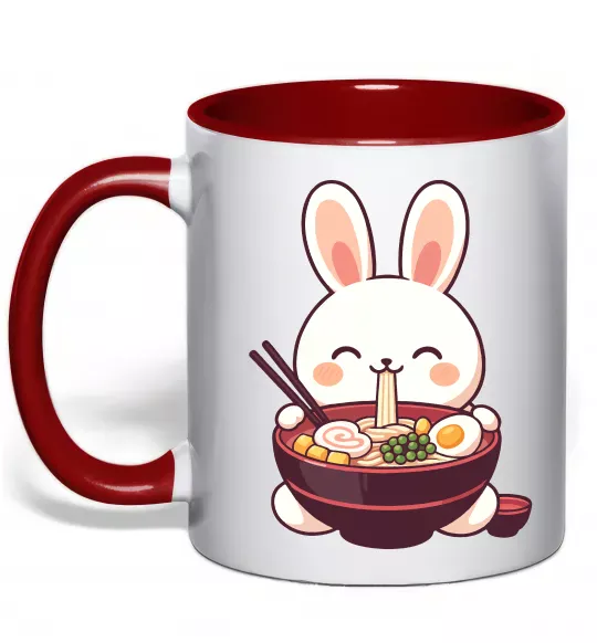 Чашка з кольоровою ручкою Зайчик їсть рамен Червоний фото