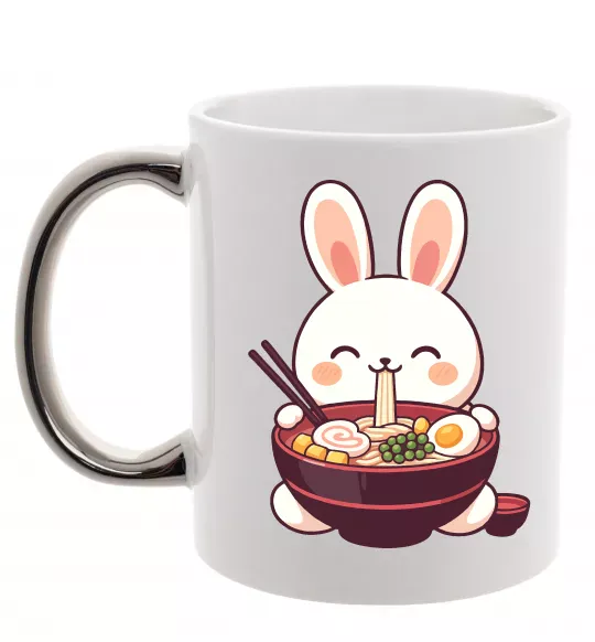 Чашка з кольоровою ручкою Зайчик їсть рамен Срібло фото