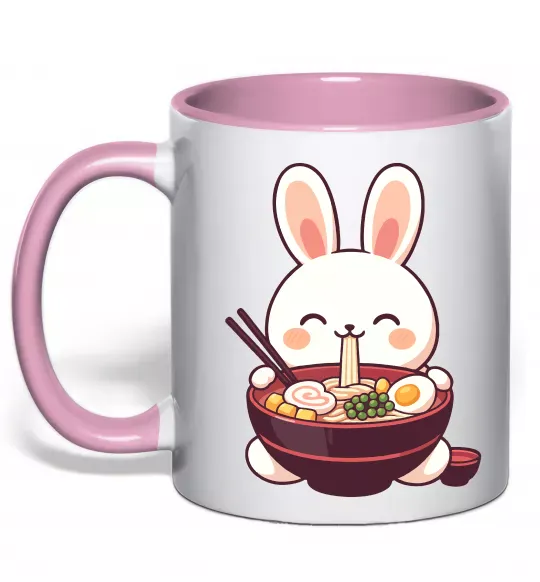 Чашка з кольоровою ручкою Зайчик їсть рамен Ніжно рожевий фото