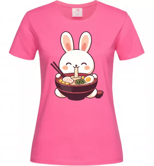 Женская футболка Зайчик їсть рамен Ярко-розовый фото