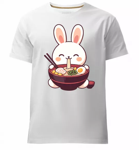 Мужская премиум футболка Зайчик їсть рамен Белый фото