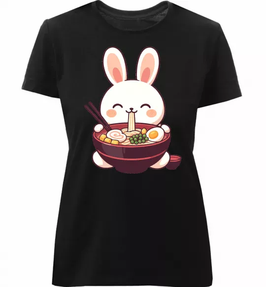 Женская премиум футболка Зайчик їсть рамен Черный фото