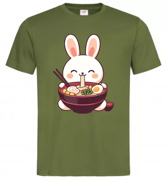 Чоловіча футболка Зайчик їсть рамен Оливковий фото