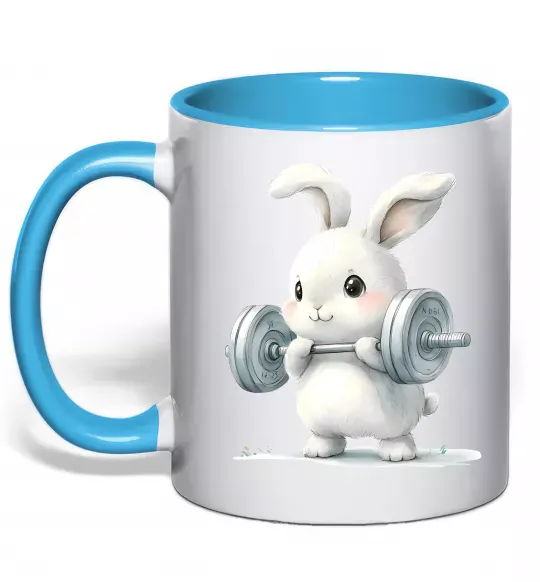 Чашка з кольоровою ручкою Зайчик з штангою Блакитний фото