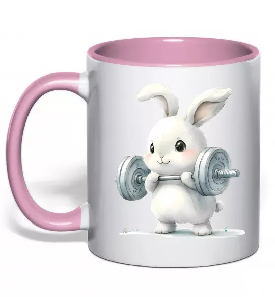 Чашка з кольоровою ручкою Зайчик з штангою Ніжно рожевий фото