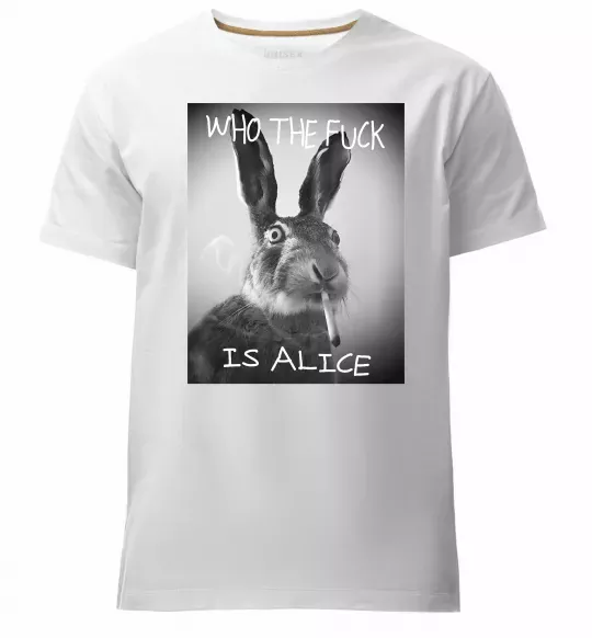 Чоловіча преміум футболка Who is Alice? Білий фото