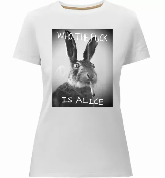 Жіноча преміум футболка Who is Alice? Білий фото