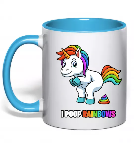Чашка з кольоровою ручкою I poop rainbows Блакитний фото