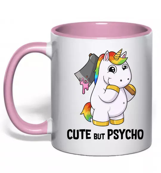 Чашка з кольоровою ручкою Cute but psycho Ніжно рожевий фото