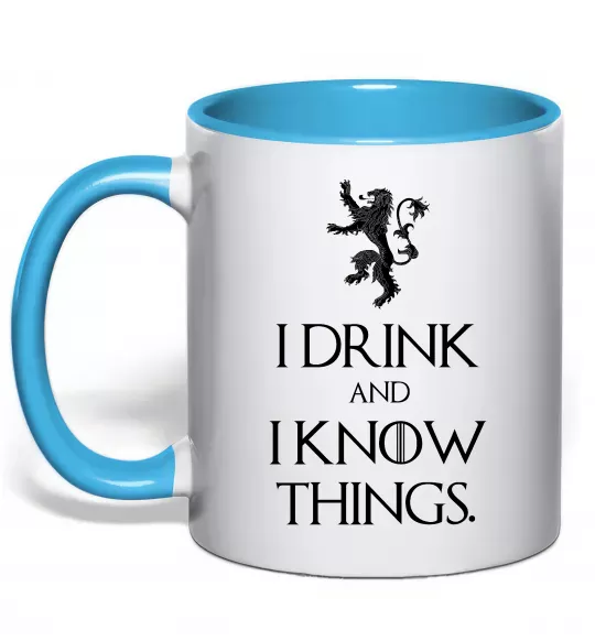 Чашка з кольоровою ручкою I drink and i know things Блакитний фото