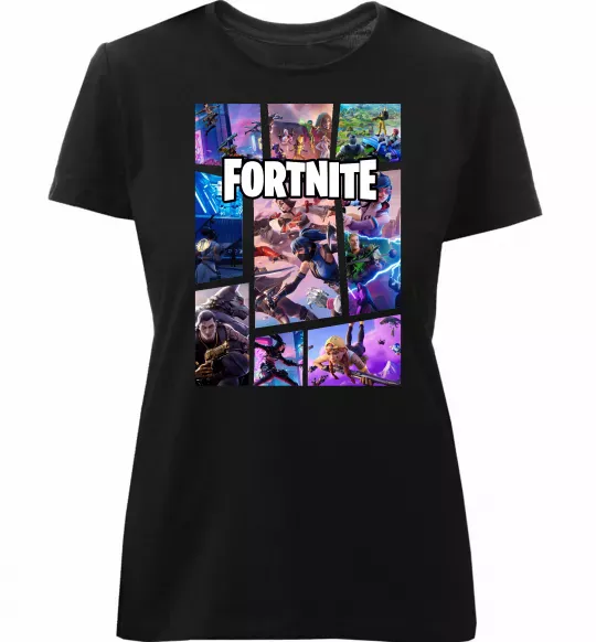 Женская премиум футболка Фортнайт колаж Черный фото