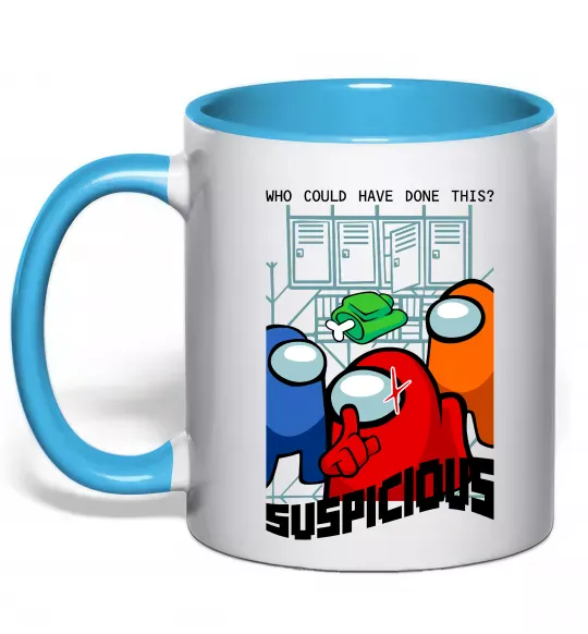 Чашка с цветной ручкой Who could have done this Голубой фото