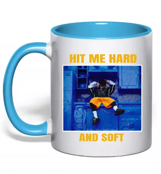 Чашка з кольоровою ручкою Hit me hard and soft Блакитний фото