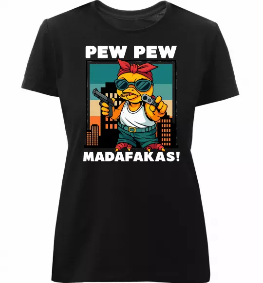 Женская премиум футболка Pew Pew gangsta chicken Черный фото