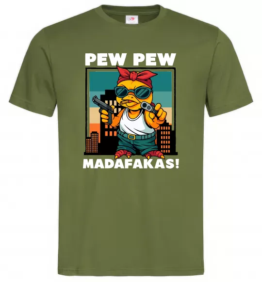 Мужская футболка Pew Pew gangsta chicken Оливковый фото
