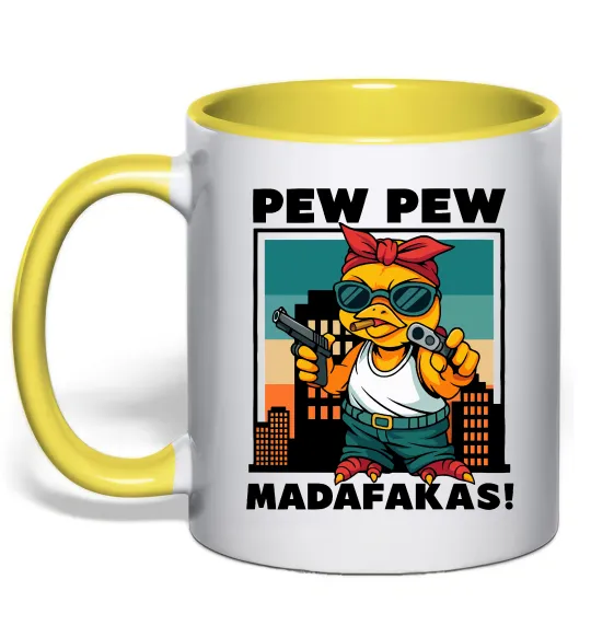 Чашка с цветной ручкой Pew Pew gangsta chicken Лимонный фото