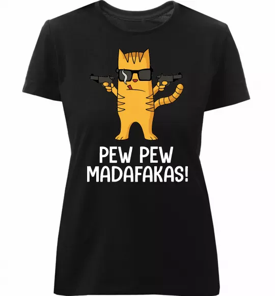 Женская премиум футболка Pew Pew Cat Черный фото