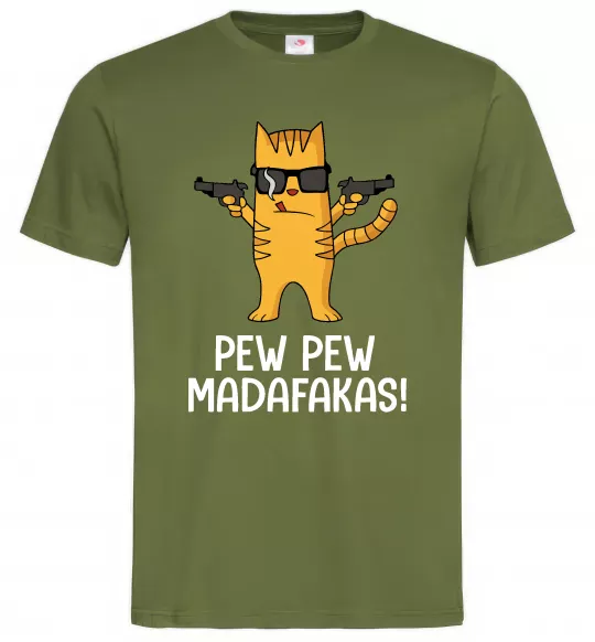 Мужская футболка Pew Pew Cat Оливковый фото
