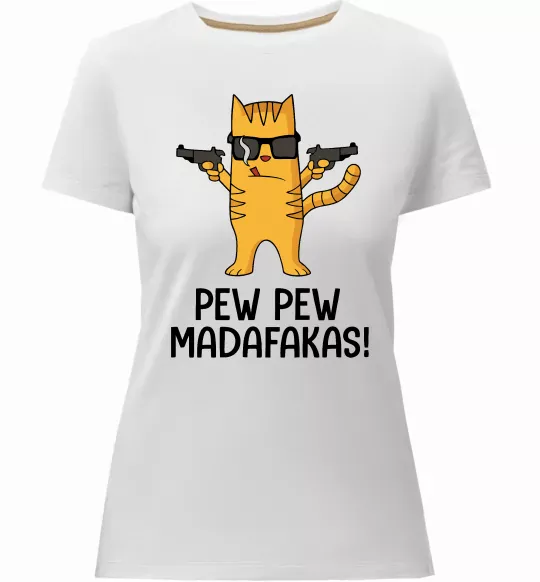 Женская премиум футболка Pew Pew Cat Белый фото