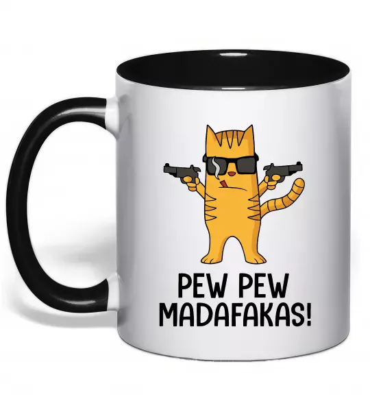 Чашка з кольоровою ручкою Pew Pew Cat Чорний фото