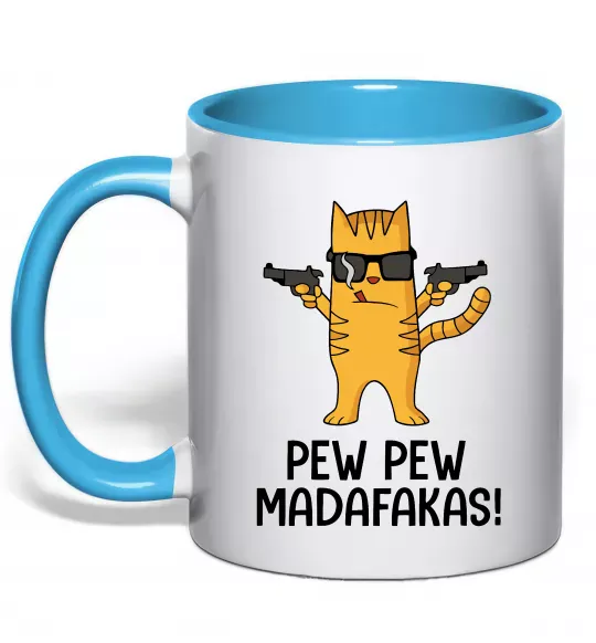 Чашка з кольоровою ручкою Pew Pew Cat Блакитний фото