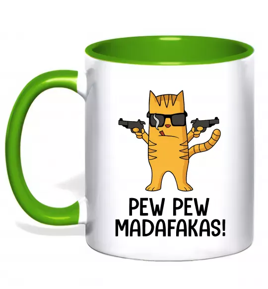 Чашка з кольоровою ручкою Pew Pew Cat Зелений фото