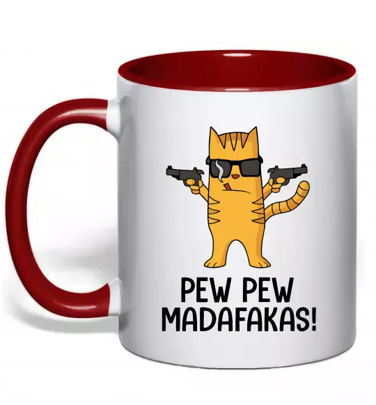 Чашка з кольоровою ручкою Pew Pew Cat Червоний фото