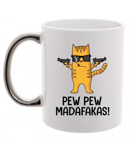 Чашка з кольоровою ручкою Pew Pew Cat Срібло фото