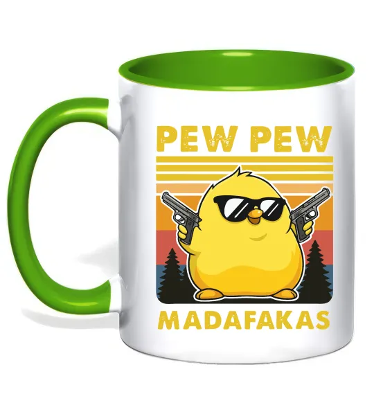 Чашка з кольоровою ручкою Pew pew gangster chicken Лаймовий фото