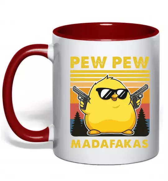 Чашка с цветной ручкой Pew pew gangster chicken Красный фото