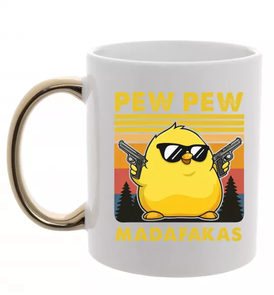 Чашка с цветной ручкой Pew pew gangster chicken Золото фото