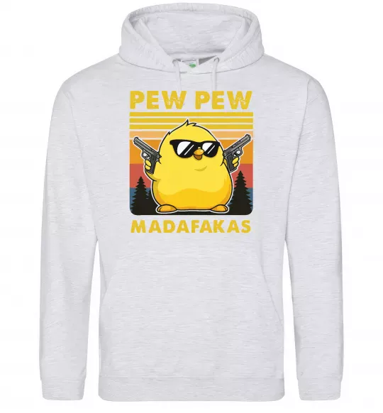 Женская толстовка (худи) Pew pew gangster chicken Серый меланж фото