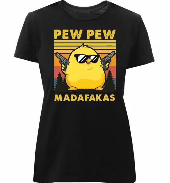 Женская премиум футболка Pew pew gangster chicken Черный фото