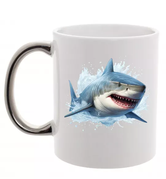 Чашка з кольоровою ручкою Акула на хвилі Срібло фото