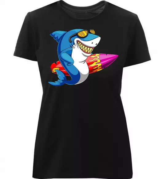 Женская премиум футболка Акула з серфом Черный фото