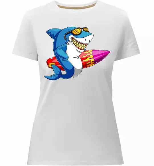 Женская премиум футболка Акула з серфом Белый фото