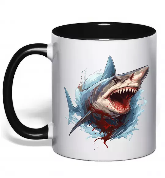 Чашка с цветной ручкой Зла акула в крові Черный фото