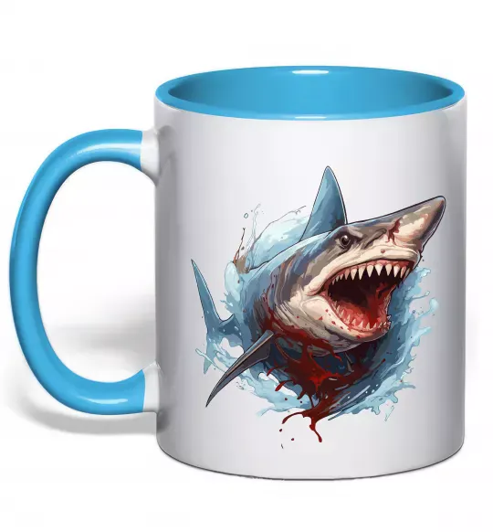 Чашка с цветной ручкой Зла акула в крові Голубой фото