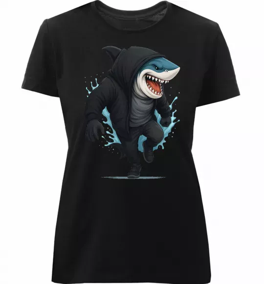 Жіноча преміум футболка Акула в капюшоні Чорний фото