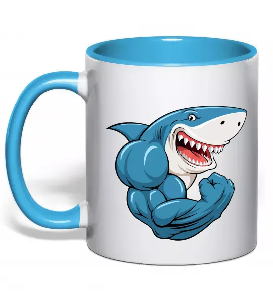 Чашка з кольоровою ручкою Акула показує біцепс Блакитний фото