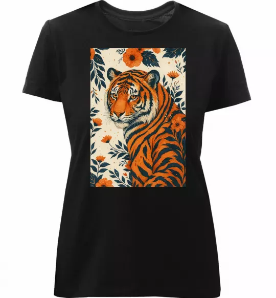 Женская премиум футболка Tiger flowers Черный фото